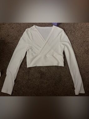 White Ribbed Wrap Crop Top Long Sleeve